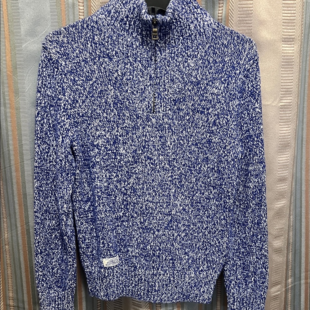 Polo Ralph Lauren Blue and White Quarter Zip-Up Sweater